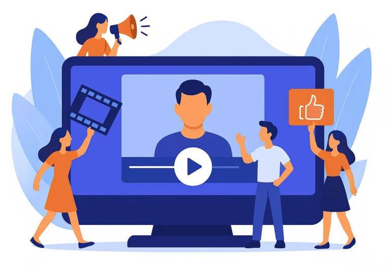 Illustration de personnes interagissant avec une vidéo marque employeur, montrant l'engagement et l'authenticité.