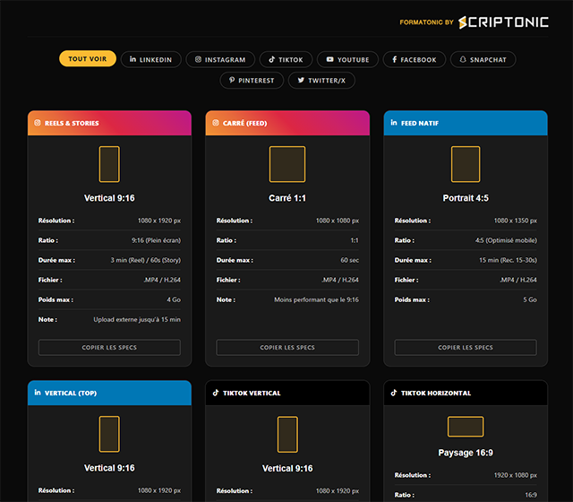 Formatonic - Guide des formats vidéo réseaux sociaux 2026